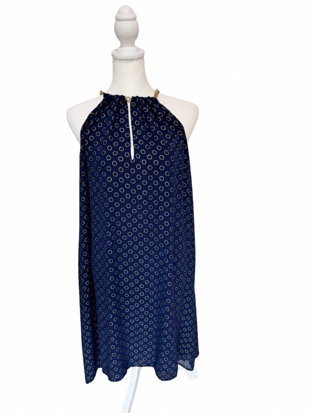 Michael Kors Navy Blue Halter Dress with Gold Circle Print - Like New!